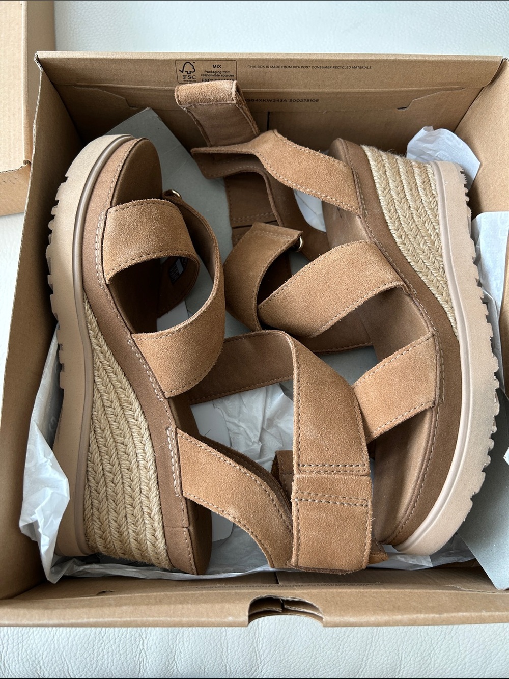 UGG Tan Suede Espadrille Wedge Sandals with Crisscross Straps